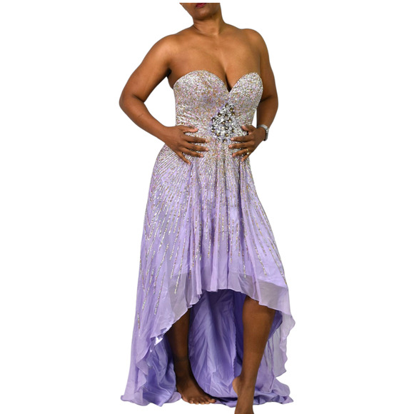 Sherri Hill Silk Dress Purple Sequin Sweetheart Hi Low Strapless Gown Formal 8 - Picture 14 of 16